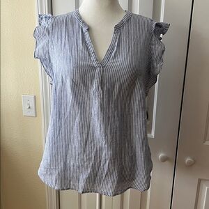 Old Navy Blue & White Striped Cap-Sleeve V-Neck Blouse
